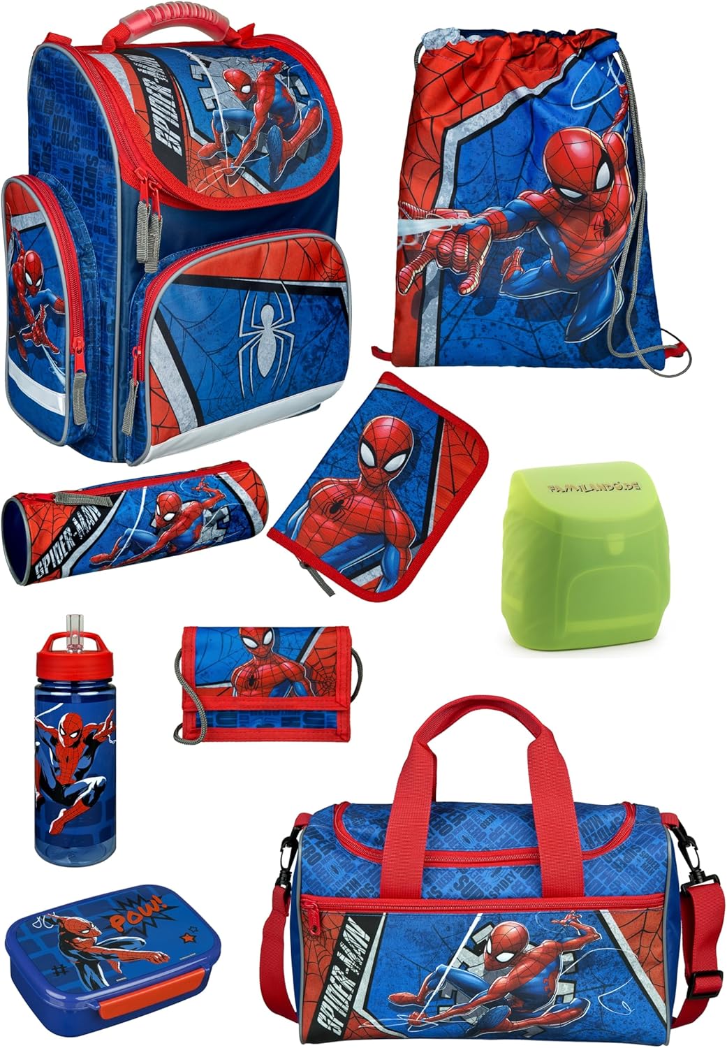Schulranzen-Set Marvel Spiderman 9 tlg. mit Federmappe, Dose, Flasche, grosser Sporttasche und Regen