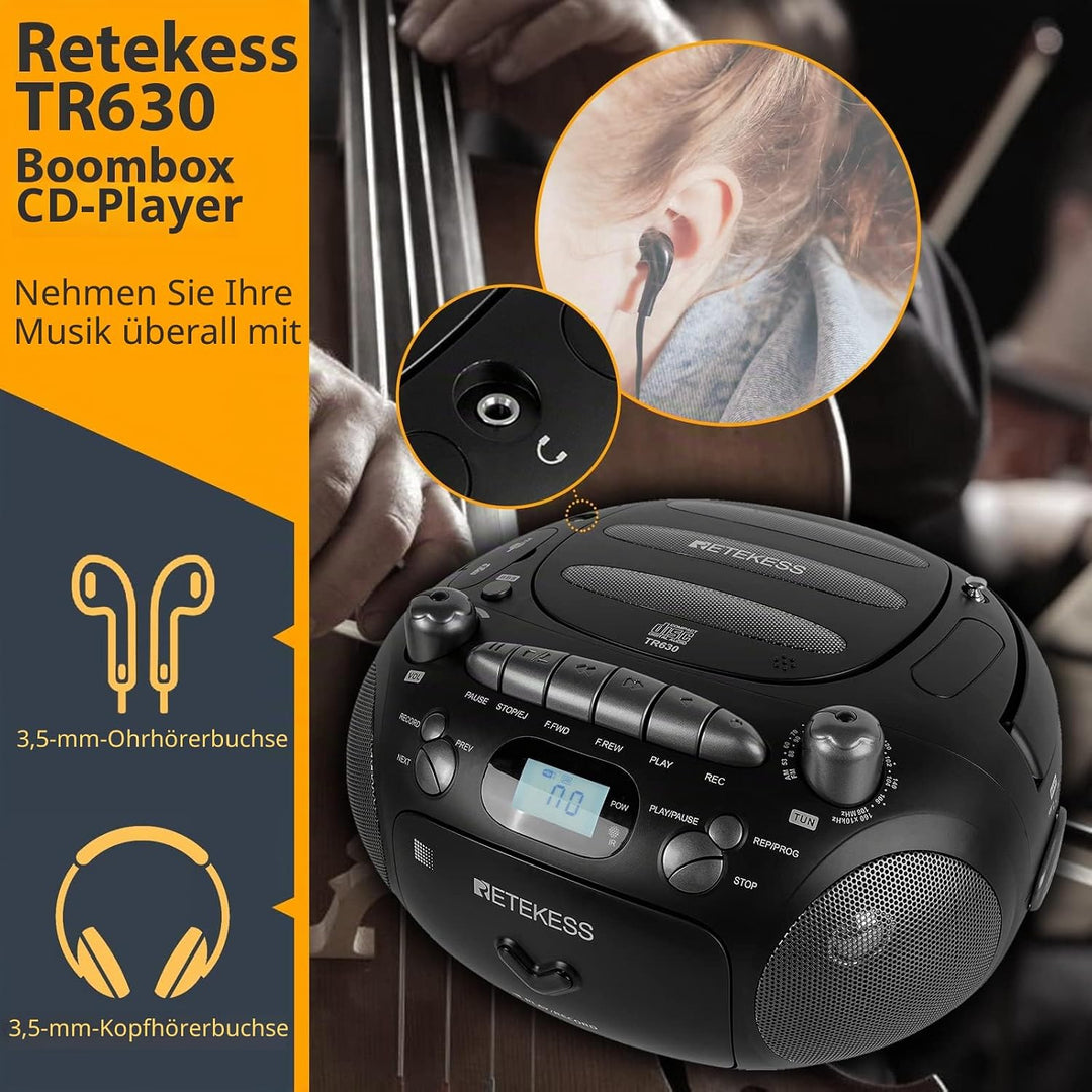 Retekess TR630 CD Player mit Kassette, Radio Batteriebetrieben, Kassettenrecorder, mit Fernbedienung