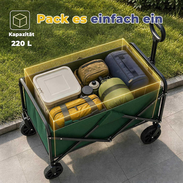 Garvee Bollerwagen Faltbar 220 L, Handwagen bis 172 kg, 600D Oxford + Stahlrahmen, 5-Zoll All-Terrai