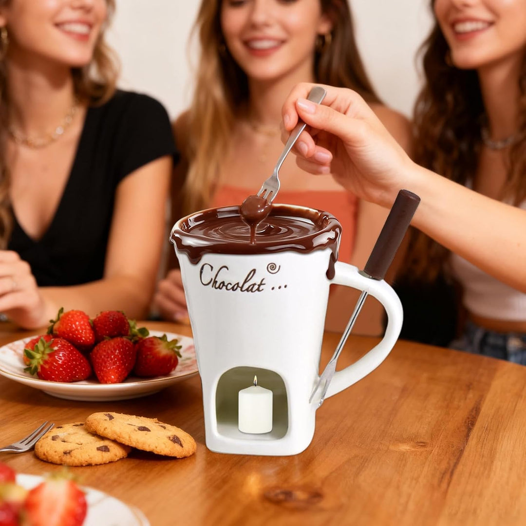 Fonduetasse | hitzebeständig, tragbar, antihaftbeschichtet, mit Gabel, Fondue-Tassen-Set, zum Dippen