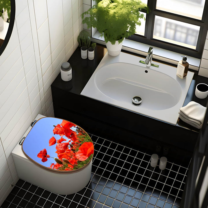 banjado® Design WC Sitz Bambus Absenkautomatik mit Motiv Mohnblumen/Toilettendeckel mit Absenkautoma