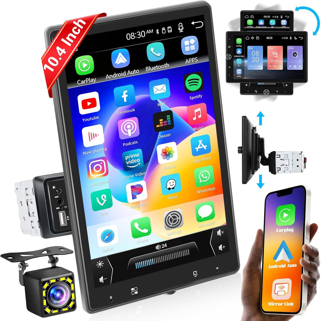 Hikity 1 Din Apple CarPlay Autoradio mit Bildschirm Gedreht Android Auto Radio mit 10,4 Zoll Touch D