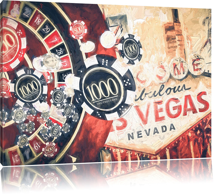 Pixxprint Las Vegas Casino Roulette Kunst / 100x70cm Leinwandbild bespannt auf Holzrahmen/Wandbild K