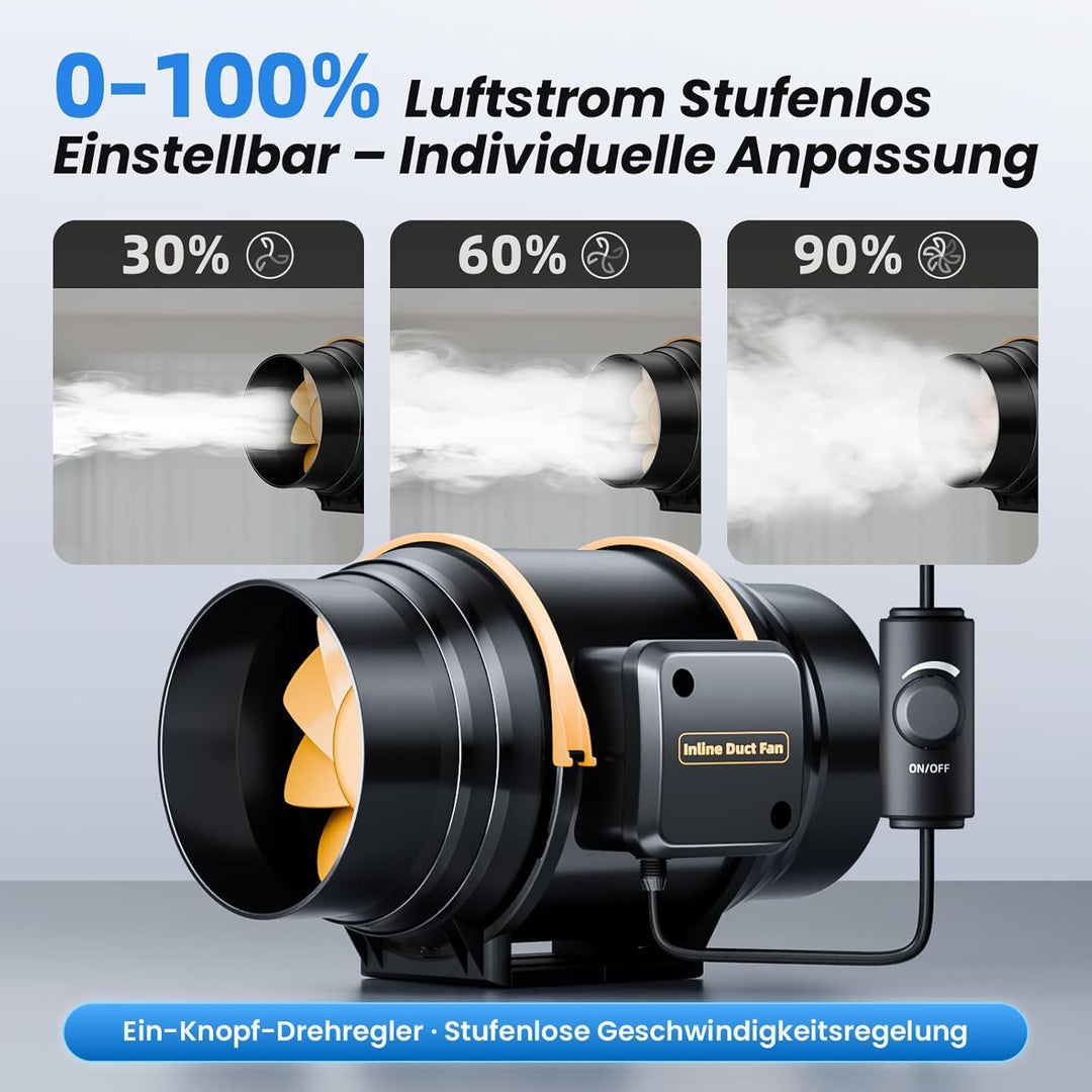 Regelbarer Rohrventilator 150 mm mit Drehzahlregler, Leiser Inline Abluftventilator für Rauchabzug &