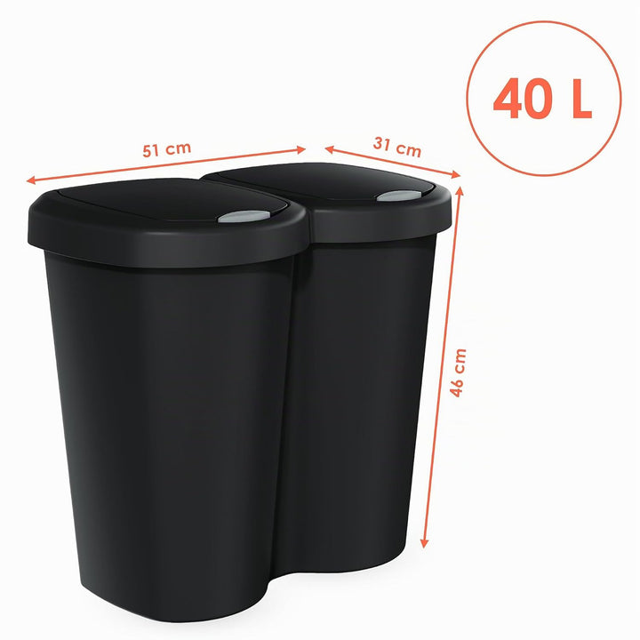 Spetebo Duo Abfall Eimer 40L schwarz - 2x 20L - Müll Sammler Trenner Behälter Deckel