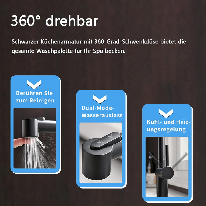TIMACO Schwarz Küchenarmatur Mit Ausziehbare Brause Wasserhahn Küche 360° Schwenkbar Mischbatterien