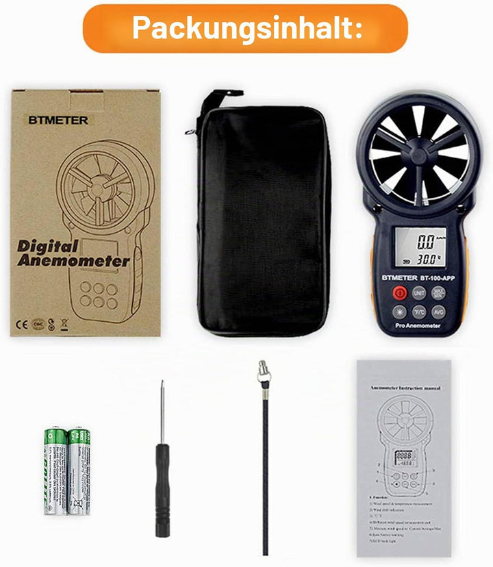 BTMETER Anemometer Bluetooth Wireless Handheld, BT-100APP Digital Windmesser CFM Messgerät, LCD Wind