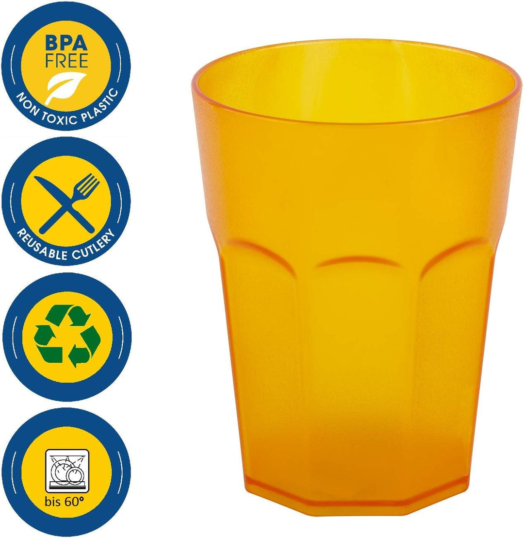 10 x Plastikbecher, Trinkbecher, Orange, Cocktailbecher, 250 ml, mit Eichstrich, stapelbar, Mehrweg,