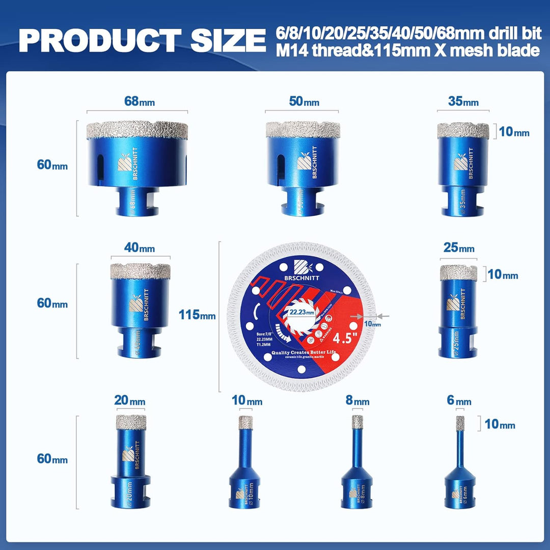 Diamond Core Drill Bit Set for Porcelain Tile Ceramic Marble Granite Drilling,BRSCHNITT 6 8 10 20 25