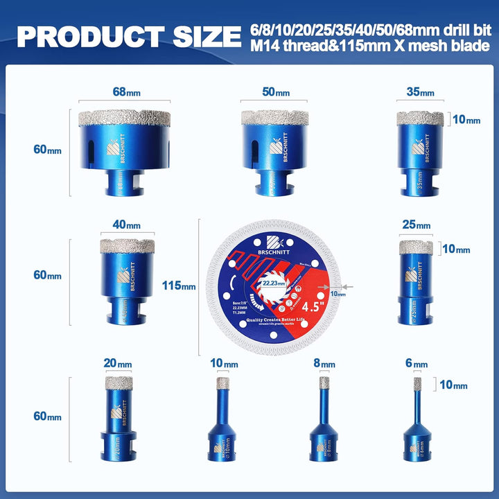 Diamond Core Drill Bit Set for Porcelain Tile Ceramic Marble Granite Drilling,BRSCHNITT 6 8 10 20 25