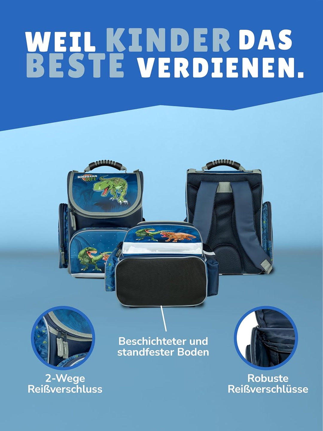 Familando - Schulranzen Set CLOU - 5-teilig mit Federmappe - Dinosaurier - Ergonomisch, Stabil & mit