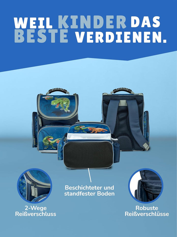 Familando - Schulranzen Set CLOU - 5-teilig mit Federmappe - Dinosaurier - Ergonomisch, Stabil & mit