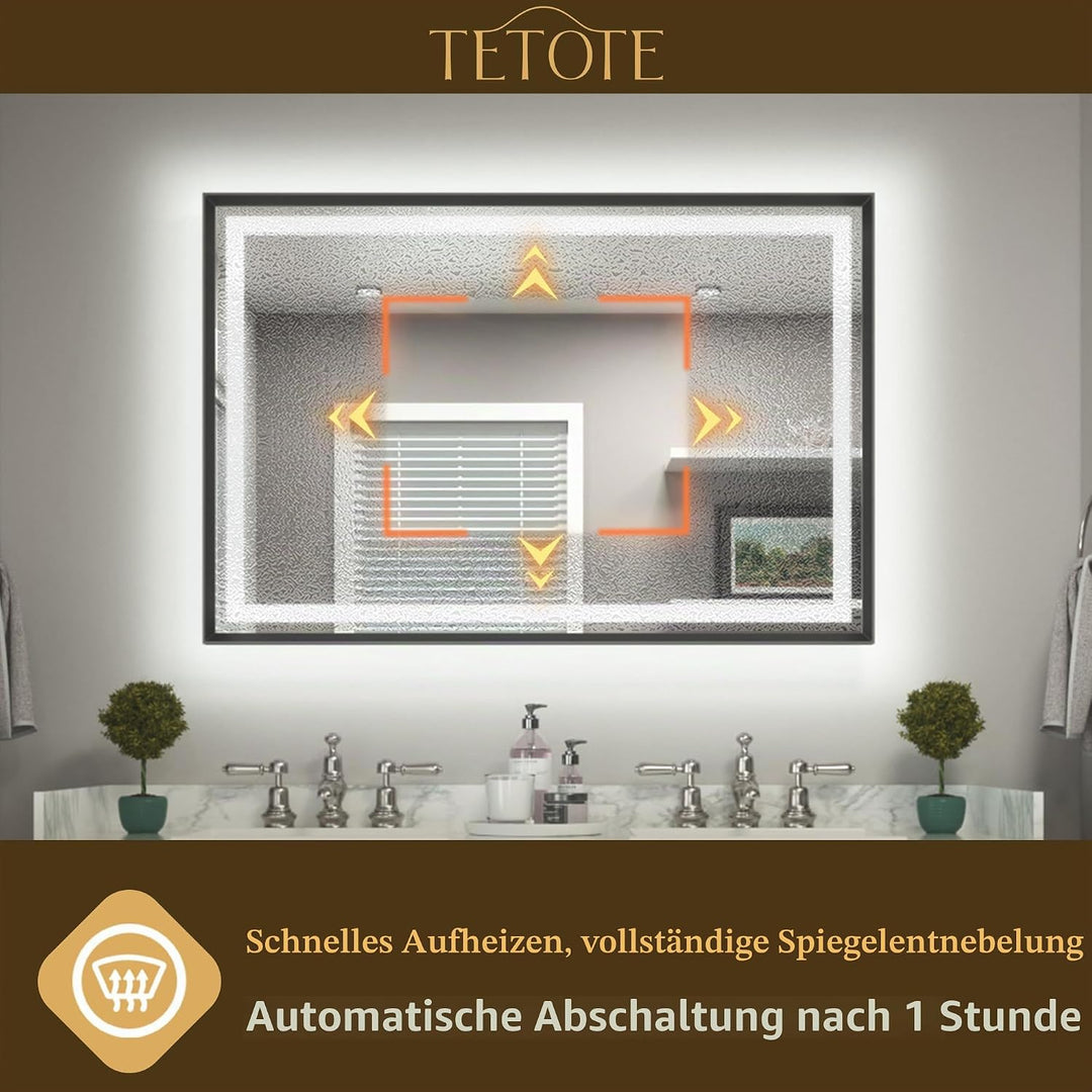 TETOTE Badspiegel mit Beleuchtung Schwarz Metallrahmen 100x60cm, Badezimmerspiegel Beleuchtet Beschl