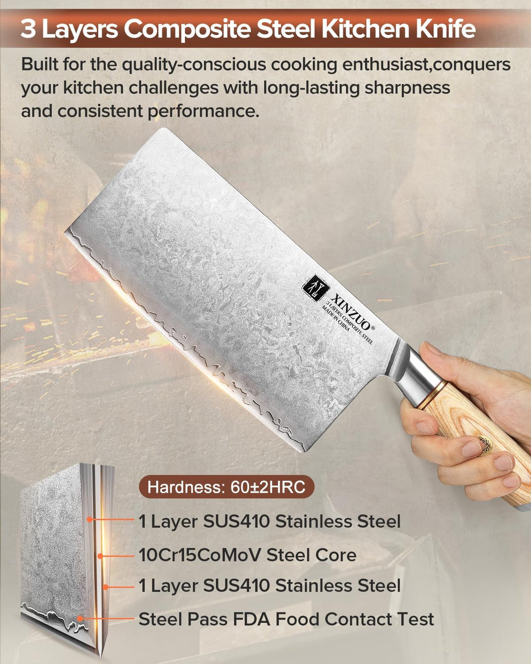 XINZUO 19cm Hackmesser Verbundstahl 10Cr15CoMoV, Profi Chinesisches Kochmesser Edelstahl Hackbeil, 3