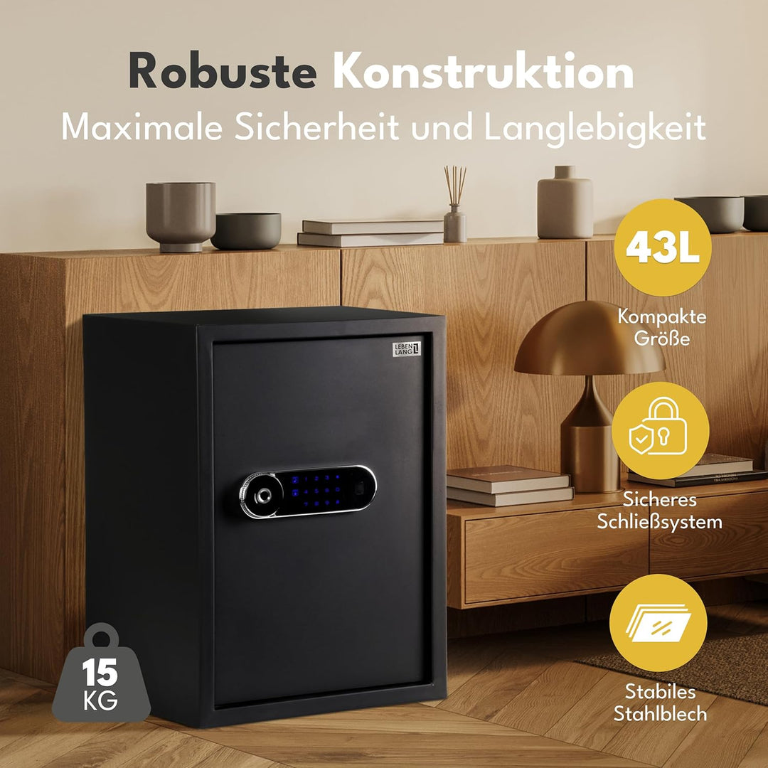 LEBENLANG 43L Safe Tresor für Zuhause - Mit Fingerabdrucksensor & Feuerfester Dokumententasche I Sch