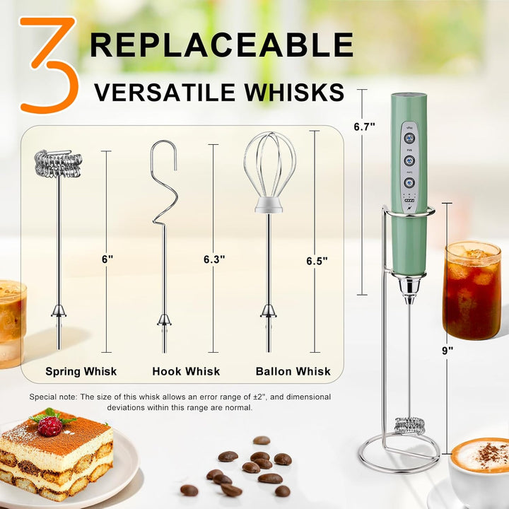 YUSWKO Wiederaufladbarer Milchaufschäumer für Kaffee mit Ständer, Handheld Getränkemixer mit 3 Köpfe