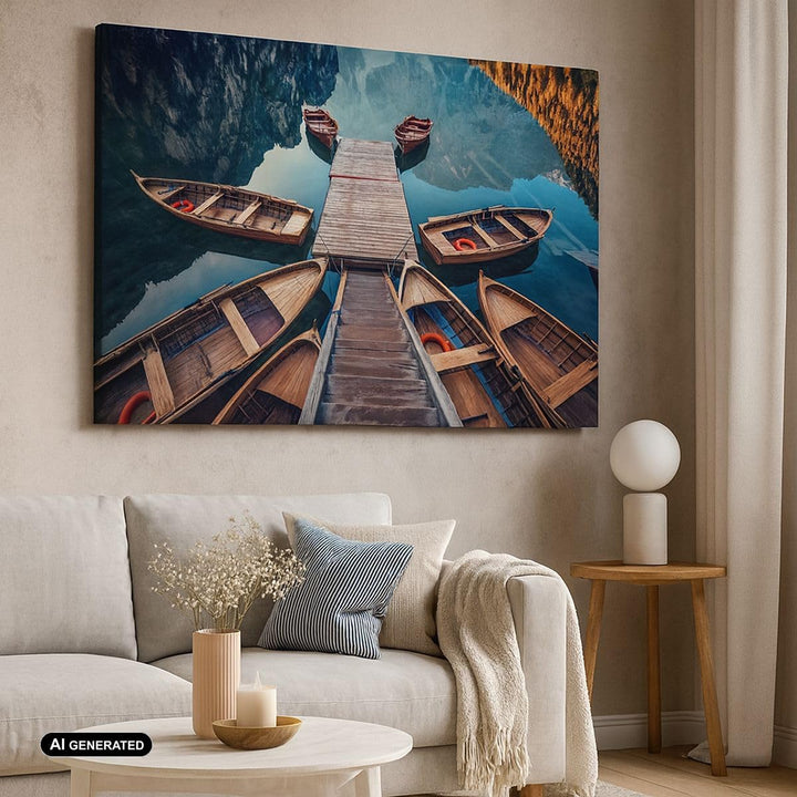 Bilder auf Leinwand 100x70cm Leinwandbild mit Rahmen Berge Boot Wasser Gross Wanddeko Bild Schlafzim