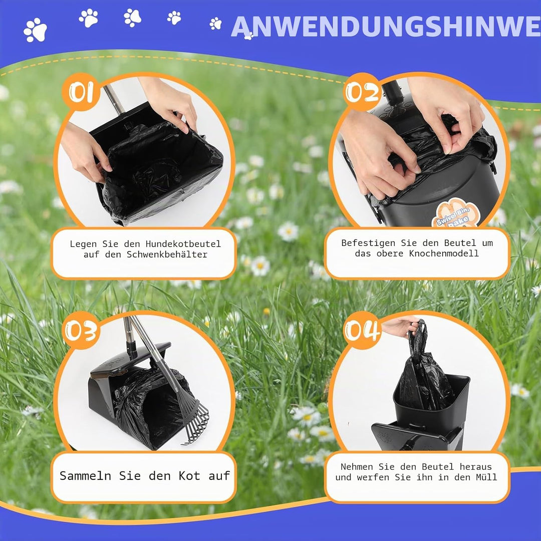 Hundekot Schaufel Set mit Drehbarem Eimer, Rechen und 20 Beuteln – Langer Griff, Kotaufheber für Gar