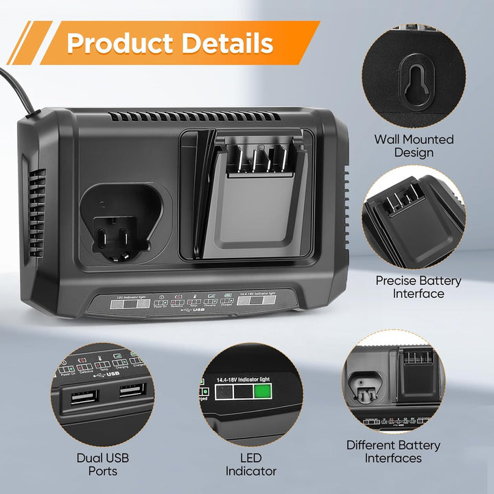 Dual-Port Ladegerät für Bosch 18V & 12V Akkus mit dualen USB-Anschlüssen, wandmontierbar, All-in-One