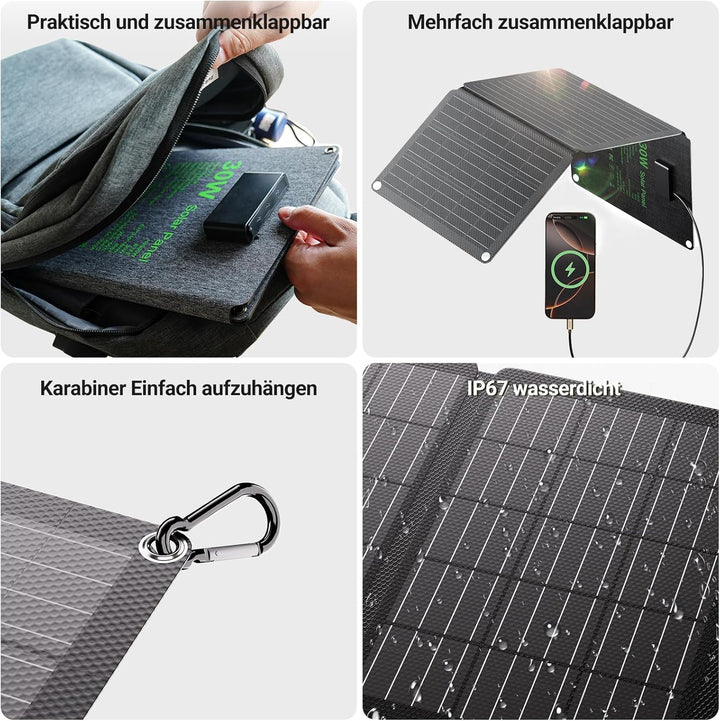 30W Solarpanel Faltbar, Tragbares Outdoor Solar Ladegerät IP67 Wasserdichtes mit 3 Anschlüsse (USB-C