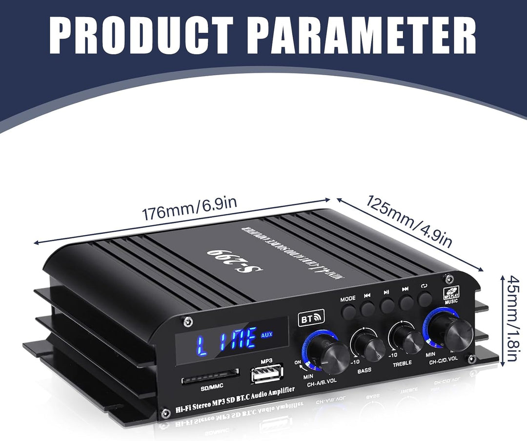 4-Kanal Verstärker, 1600W Audio Leistungsverstärker Bluetooth 5.0, 40Wx4 mit USB/Mikrofon/FM mit Fer
