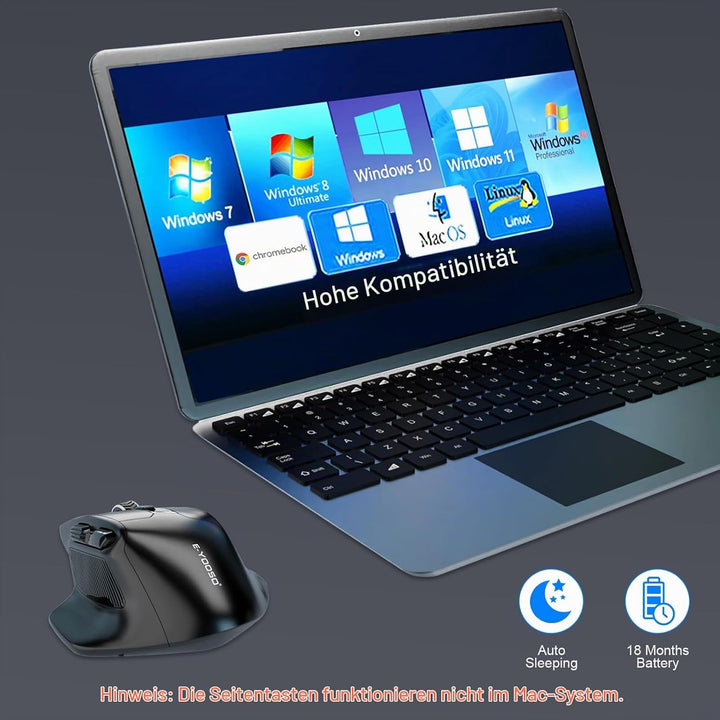 Bluetooth-Maus Grosse Maus für grosse Hände, Wireless Mouse Kabellos mit Tri-Mode (Bluetooth 5.0/4.0
