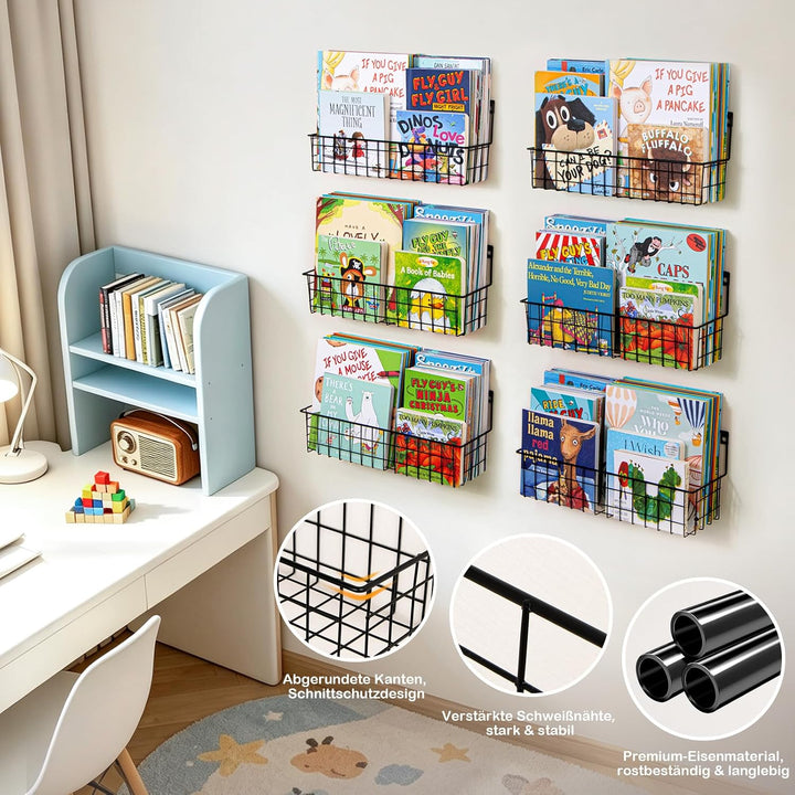 PUERSI 6er-Set Bücherregal Kinder Wand, Metall Wandregal Bücher, Hängend Regal für Kinderzimmer Aufb