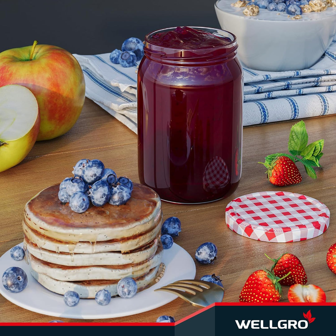 WELLGRO 25x Einmachgläser mit Schraubdeckel - 550ml - Deckel rot kariert To 82 - Made in Germany - V