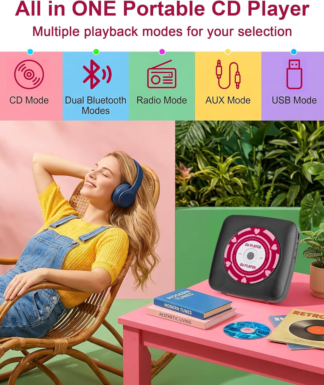 CD Player Tragbar Bluetooth Radio mit CD-Player mit Lautsprecher Unterstützung USB & AUX-Wiedergabe