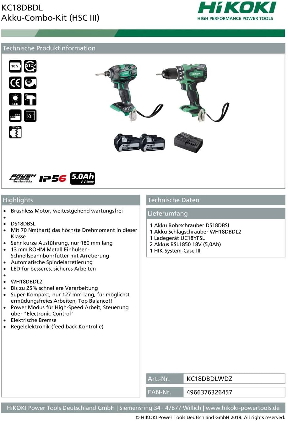 HIKOKI Akku-Combo-Kit im HSCIII (1x Akku-Bohrschrauber DS18DBSL, 1x Akku-Schlagschrauber WH18DBDL2,