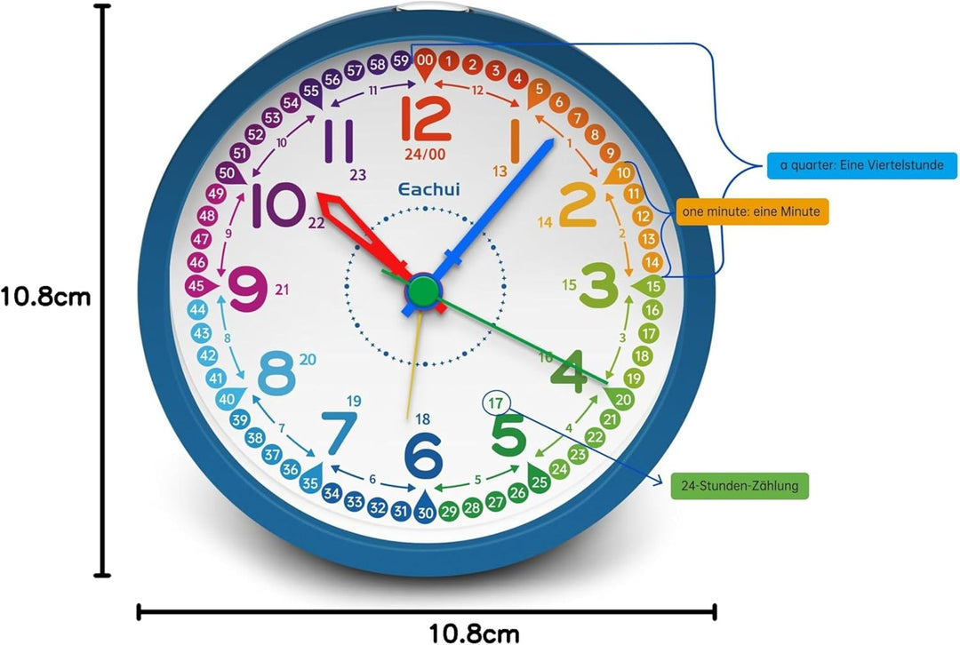Eachui Analog Wecker Kinder ohne Ticken für Jungen und Mädchen - Lernwecker mit Nachtlicht, Snooze u