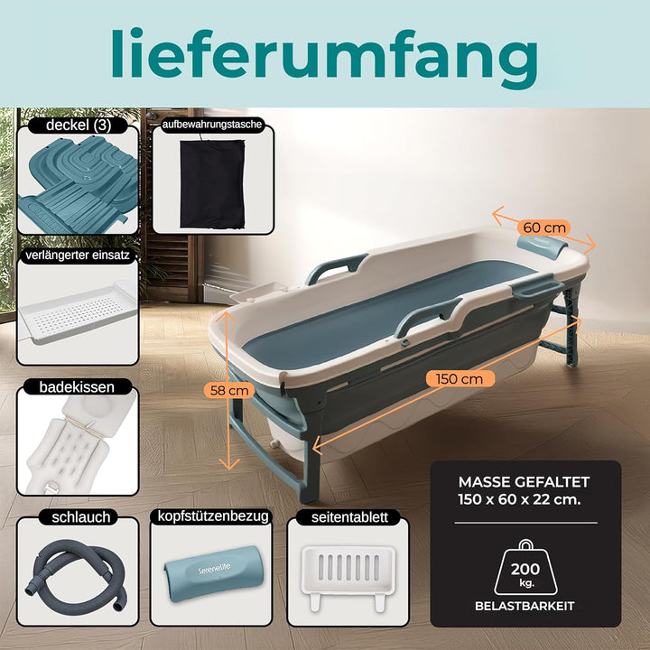 SereneLife Faltbare Badewanne Erwachsene 150 cm – Mobile Klappbare Badewanne für Dusche mit Deckel u