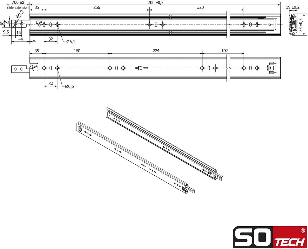 1 Paar SOTECH Schwerlastauszüge VarioSlide KV2-100-H53-L700-EH 700 mm mit Lock-in/out Einrastfunktio