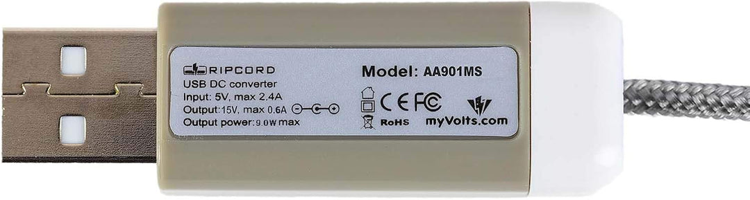 myVolts Ripcord-USB-Ladekabel mit 15V DC Ausgangsstecker kompatibel mit Vestax DC-15 Netzteil