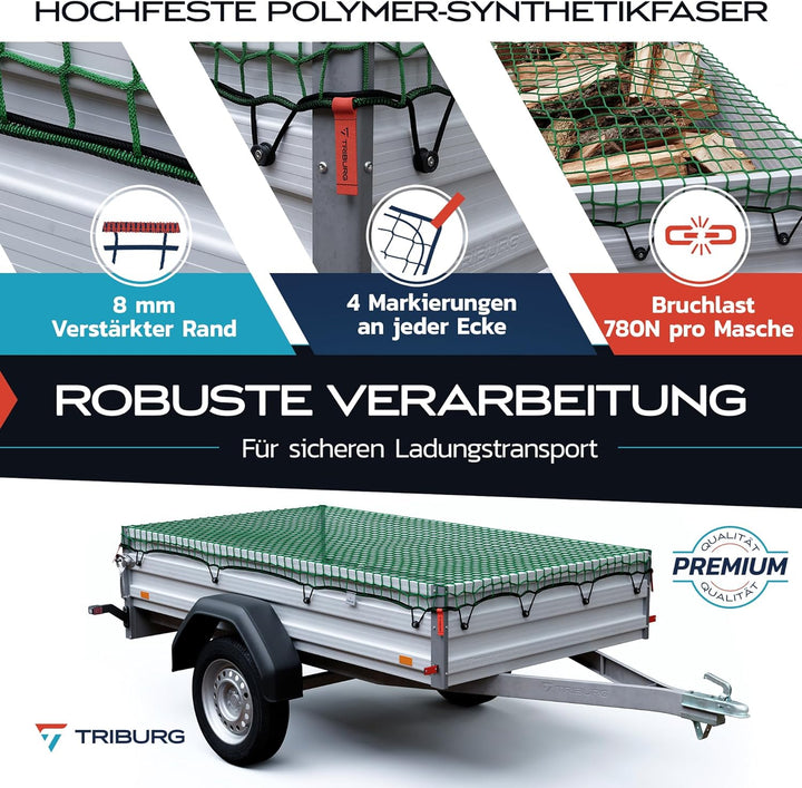 TRIBURG Anhängernetz 1,6x3 inkl. 6X Expander Haken - Anhänger Netz mit Eckmarkierungen und Randverst