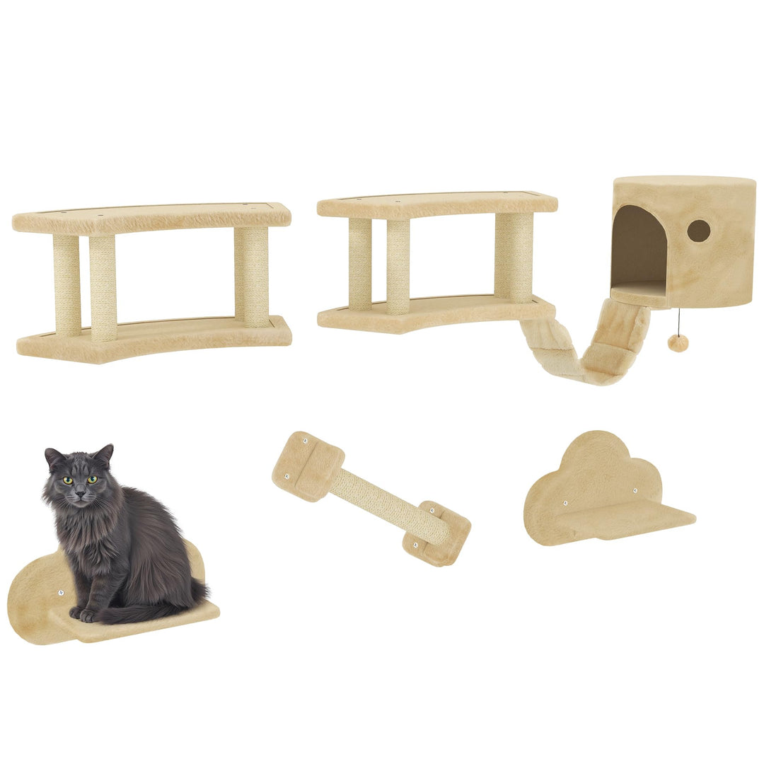 PawHut Kletterwand Katzen, 5-teilig Katzenkletterwand Katzen Wandelemente mit Kratzstamm, Katzenhaus
