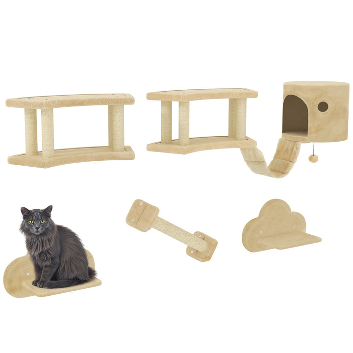 PawHut Kletterwand Katzen, 5-teilig Katzenkletterwand Katzen Wandelemente mit Kratzstamm, Katzenhaus