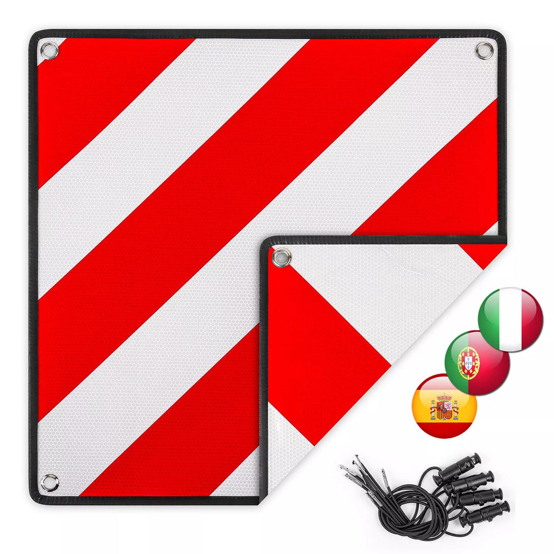 3in1 Warnschild für Italien, Spanien & Portugal - Reflektierendes Warnschild 50x50 cm inkl. 4X Spann