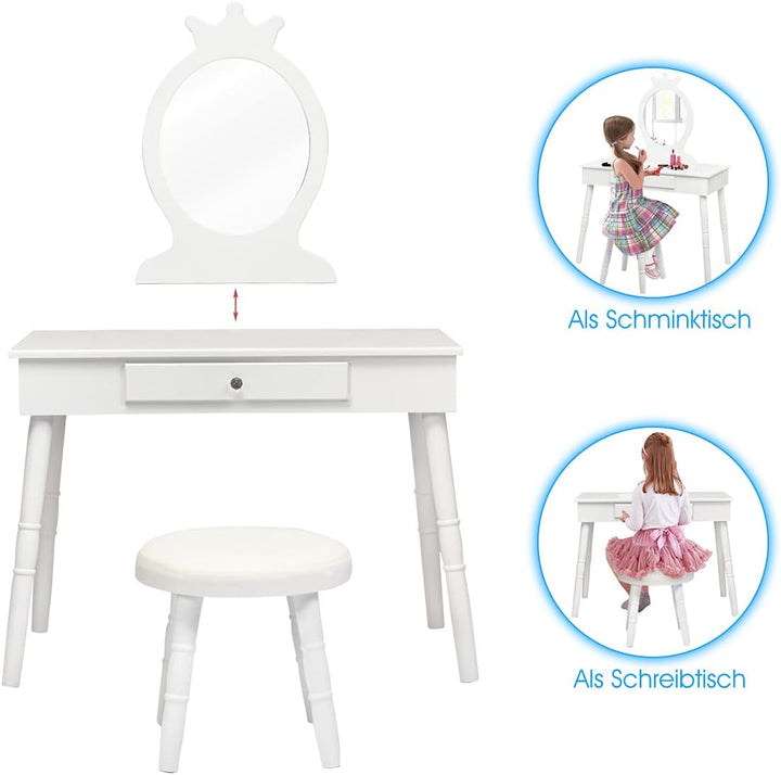 GOPLUS Kinder Schminktisch mit Hocker, Mädchen Frisiertisch mit Spiegel, Kosmetiktisch Kinder mit Sc