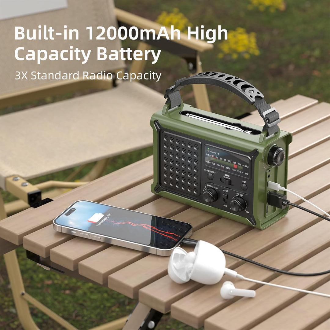 Mesqool Kurbelradio, Solar Notfallradio mit AM/FM Empfang, 12000mAh Wiederaufladbare Powerbank, IPX6