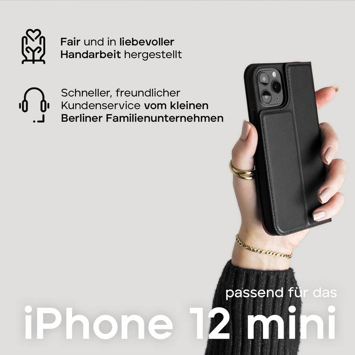 WIIUKA Hülle für iPhone 12 Mini, Lederhülle mit Kartenfach, extra Dünn, Premium Leder, Handyhülle mi