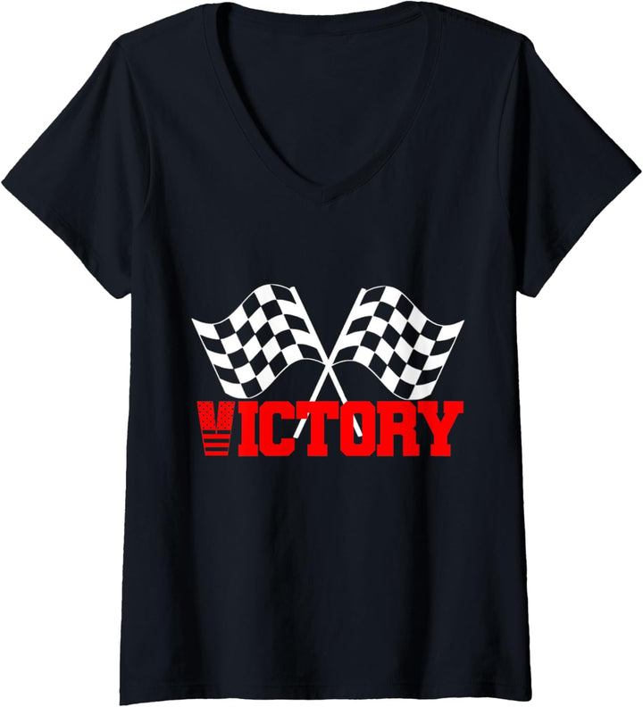 VICTORY Sport-Rennflagge, rot-kariert, schwarz-weiss T-Shirt mit V-Ausschnitt