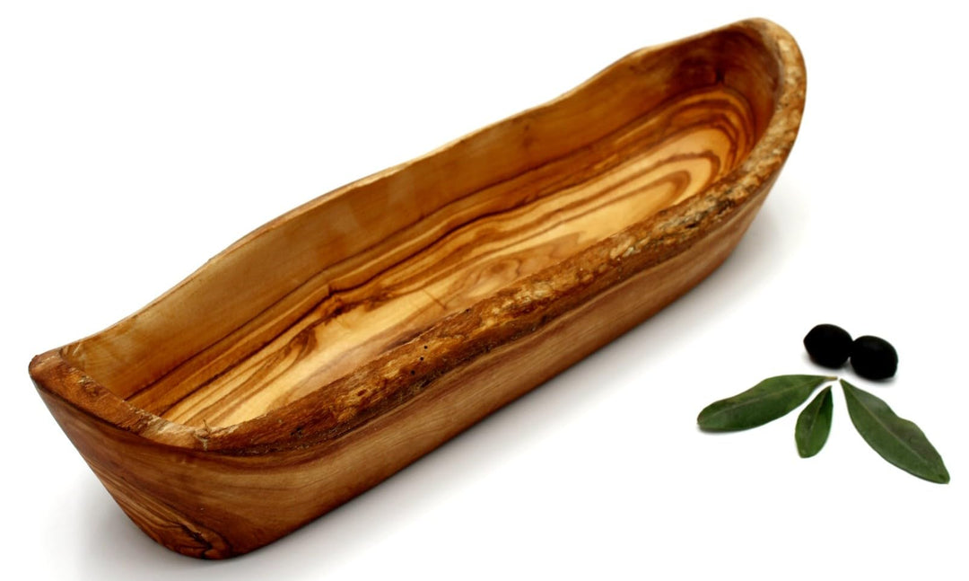 DAGDEG Olivenholz Schale länglich 35 cm – Rustikale Holzschale für Brot, Obst & Deko, Handarbeit aus