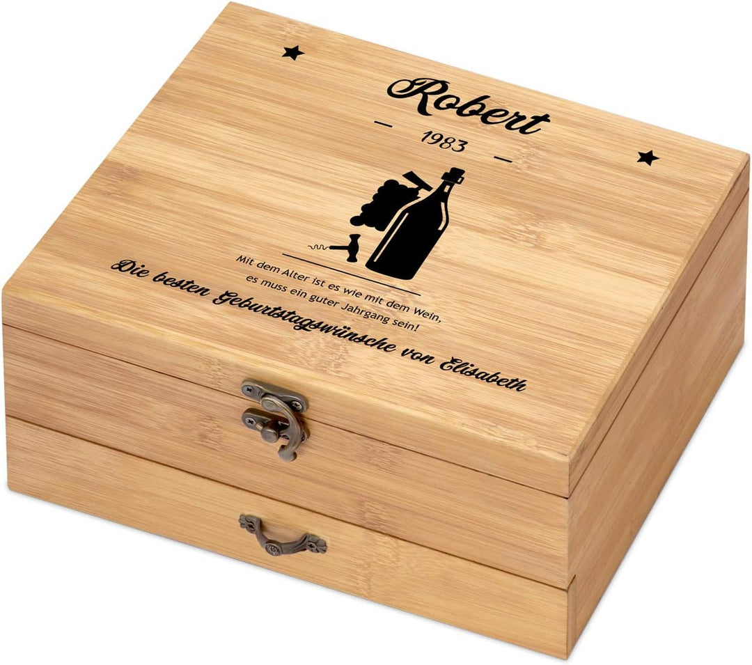 Maverton Weinöffner-Set personalisiert Weinset Sommelier Set - Geschenkbox Holzbox + 8er Weinzubehör