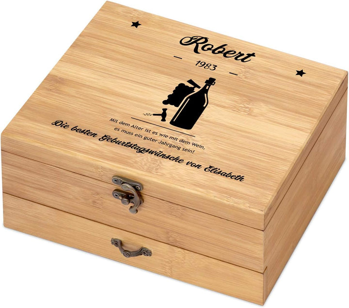 Maverton Weinöffner-Set personalisiert Weinset Sommelier Set - Geschenkbox Holzbox + 8er Weinzubehör
