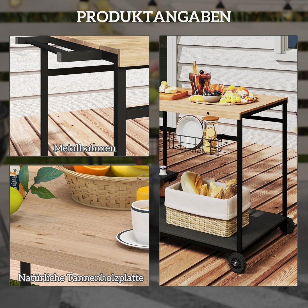 Outsunny Servierwagen, Gartenrollwagen mit 2 Ebenen, Barbecue Trolley mit Aufbewahrungskorb, Outdoor