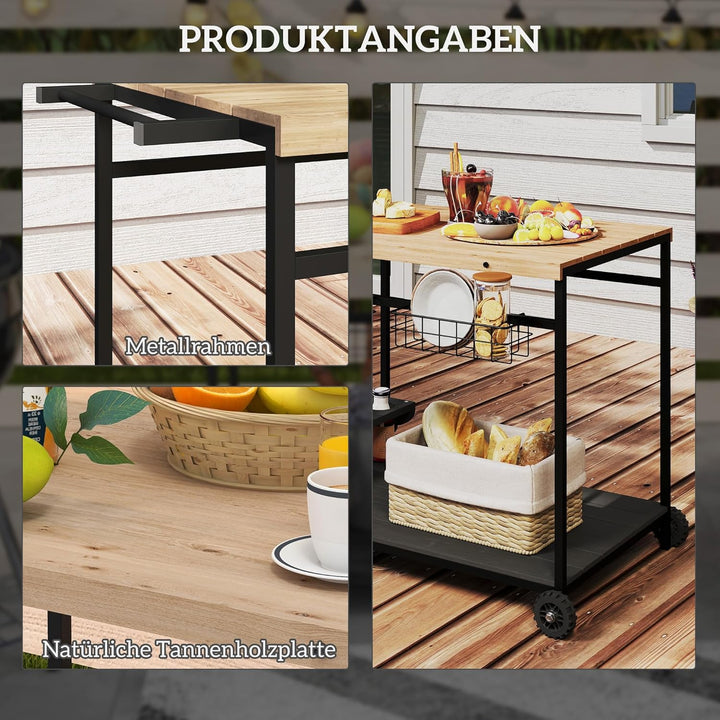 Outsunny Servierwagen, Gartenrollwagen mit 2 Ebenen, Barbecue Trolley mit Aufbewahrungskorb, Outdoor