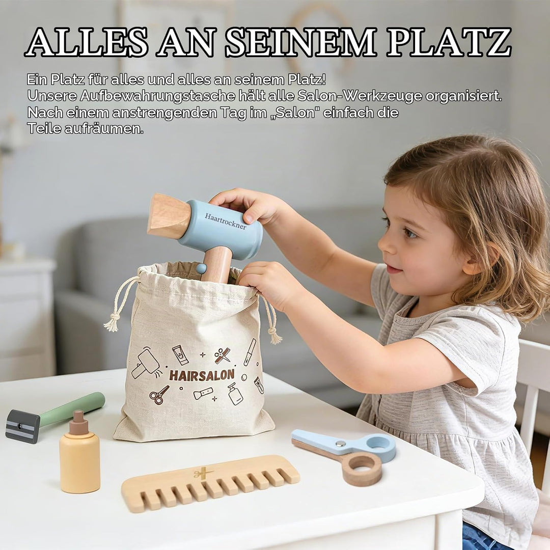 Holz Friseur Spielzeug für Kinder mit Haartrockner, Glätteisen, Kamm, Spiegel und Aufbewahrungstasch