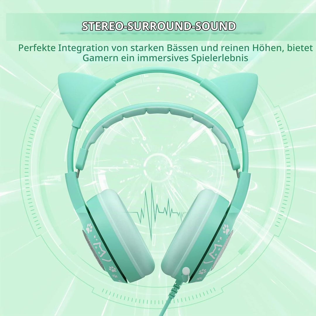 Somic G951S Green Gaming Headset mit Mikrofon für PS4, PS5, Xbox One, PC, Cat Ear Kopfhörer über Ohr