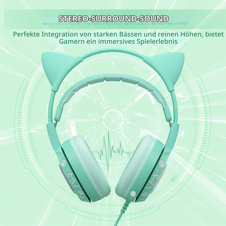 Somic G951S Green Gaming Headset mit Mikrofon für PS4, PS5, Xbox One, PC, Cat Ear Kopfhörer über Ohr